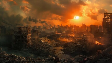 A haunting depiction of a post-apocalyptic abandoned city, with destroyed buildings looming amidst a landscape of burning rubble, the air thick with pollution and smoke - obrazy, fototapety, plakaty