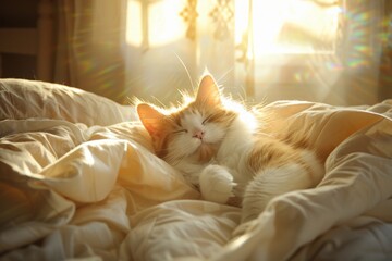 Adorable kitten waking up in cozy bed, bathed in warm morning sunlight. Cute sleepy cat stretching and yawning, enjoying lazy weekend or holiday morning. Perfect for pet lovers, animal themed designs, - obrazy, fototapety, plakaty