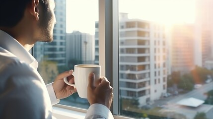 A man holding a cup of coffee while gazing out a window. Suitable for lifestyle or relaxation concepts - obrazy, fototapety, plakaty