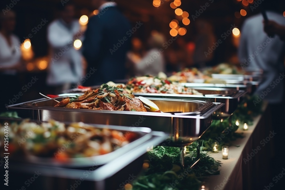 Poster a buffet table filled with a variety of food options. ideal for catering and event planning