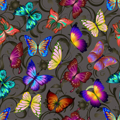 Floral ornament with butterflies.Multicolored butterflies on an abstract background in a vector pattern.