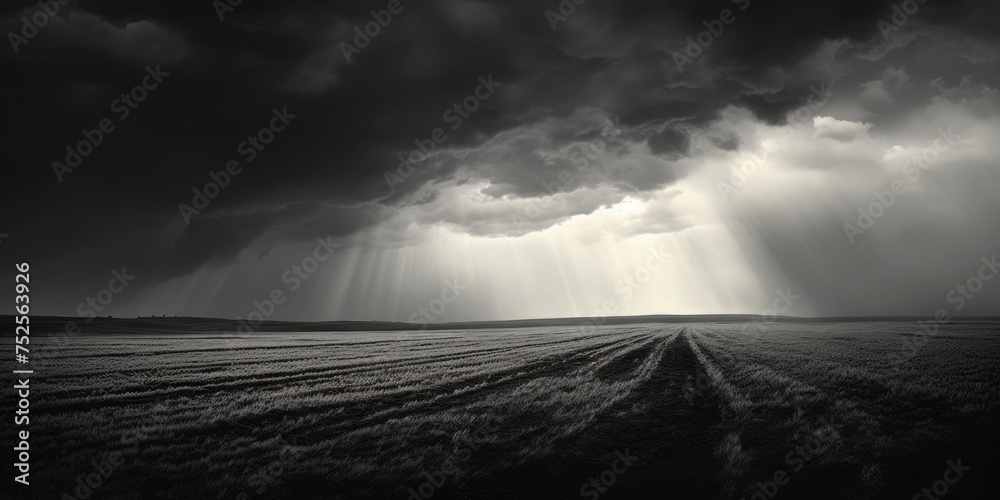 Poster a black and white photo of a field under a cloudy sky. suitable for various projects