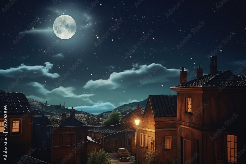 Poster a serene night scene with a full moon in the sky. suitable for various designs and projects