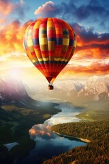 A vibrant hot air balloon soaring above a serene lake. Ideal for travel and adventure concepts