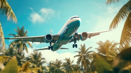 A large jetliner flying through a lush green forest. Perfect for travel or environmental concepts - obrazy, fototapety, plakaty