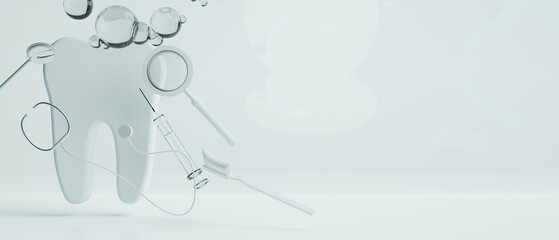 3d object illustration for dentist tooth with tools of medical health care for dental clinic...