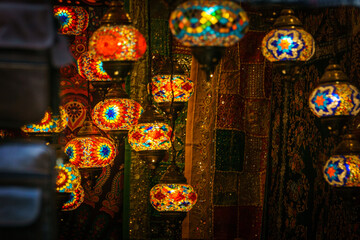 Moroccan or Turkish mosaic lamps and lanterns in shop at Granada, Andalucia, Spain