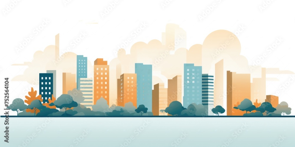 Poster cityscape with tall buildings and trees in the foreground. suitable for urban development concepts