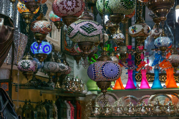 Moroccan or Turkish mosaic lamps and lanterns in shop at Granada, Andalucia, Spain