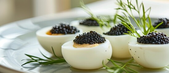 A plate filled with deviled eggs, featuring boiled eggs halved and filled with a creamy mixture topped with luxurious black caviar.