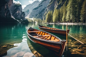 Peaceful image of two wooden boats on a tranquil lake. Ideal for nature and travel concepts
