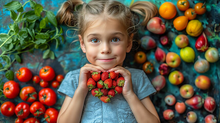 Fototapeta na wymiar Adorable happy little girl lays among fruits, forming heart with hands and strawberries