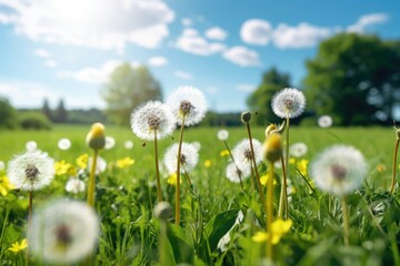 Obraz premium Vibrant field of dandelions with clear blue sky background. Perfect for nature-themed designs