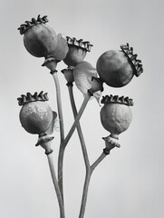 poppy pods on the stem in black and white coloured - obrazy, fototapety, plakaty