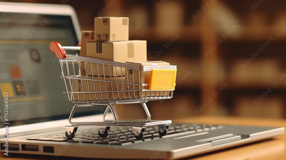 Poster a shopping cart placed on top of a laptop computer. suitable for technology and online shopping conc