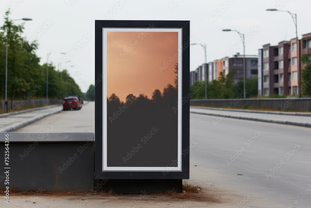 Poster A simple bus stop on the side of the road. Suitable for transportation concepts