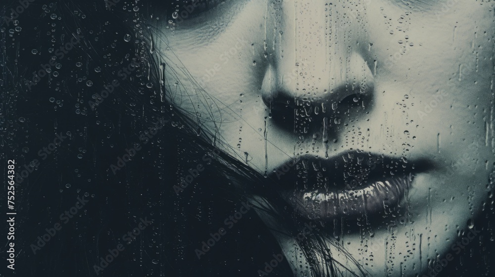 Poster close up of a woman's face behind a rain covered window. suitable for various concepts and emotions