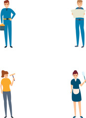 Service staff icons set cartoon vector. Man and woman in uniform with tool. Service sector