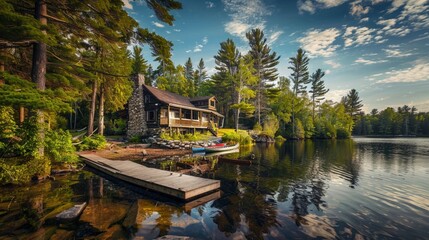 A serene Canadian lakeside cottage with a rustic exterior of weathered wood and stone, nestled among tall evergreen trees, a wooden dock extending into the calm waters - obrazy, fototapety, plakaty