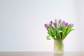 pink tulips in glass vase on white background