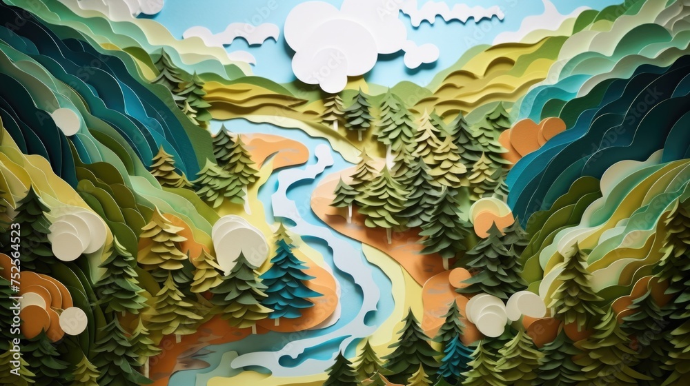 Poster paper cut of a river surrounded by trees. suitable for nature and landscape themes