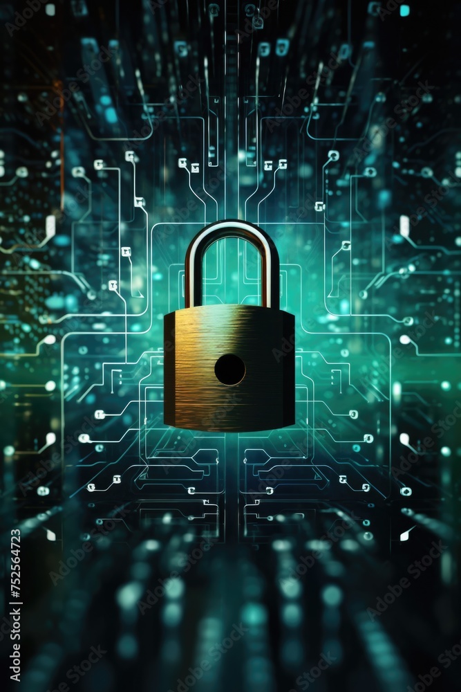 Poster A padlock secured on top of a circuit board. Suitable for cybersecurity concepts
