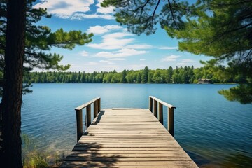 A serene dock on a lake with trees in the background. Perfect for nature-themed designs