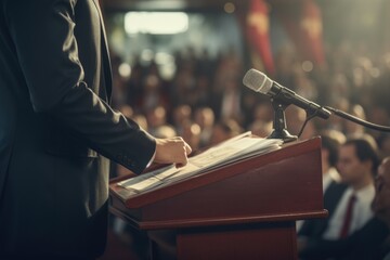 A man standing at a podium addressing a crowd, suitable for business or public speaking concepts - obrazy, fototapety, plakaty