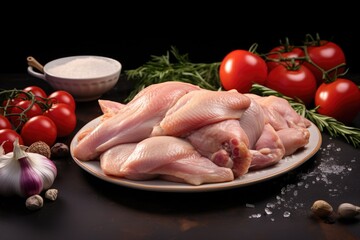 Plate of raw chicken on table, perfect for food preparation concepts