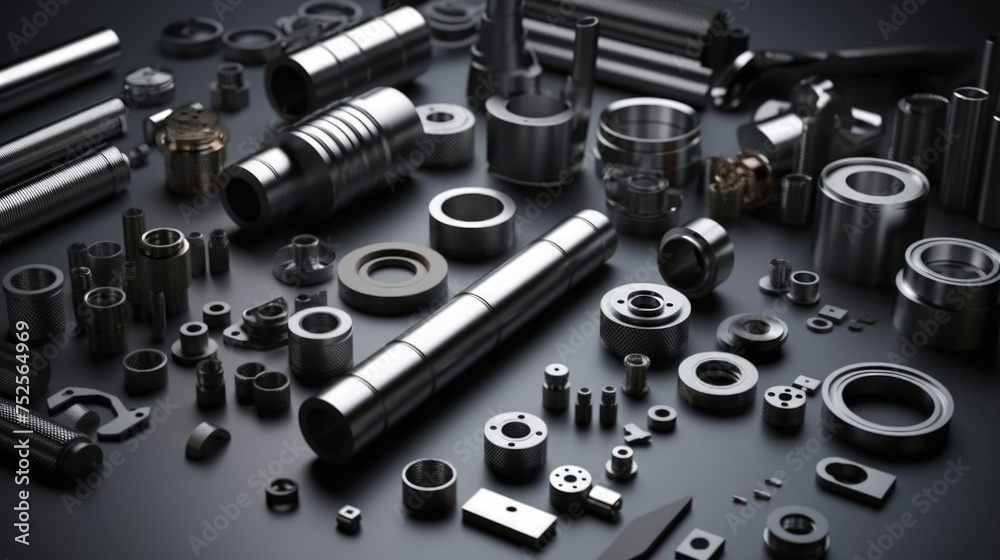 Poster Assorted pipes and fittings for industrial use. Ideal for engineering projects