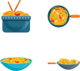 Noodle icons set cartoon vector. Asian noodle in frying pan and bowl. Traditional japanese cuisine