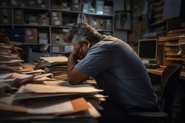 Exhausted man in an office full of folders and work, side view - obrazy, fototapety, plakaty