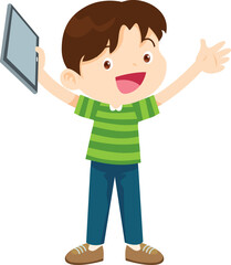 cute kids standing use smartphone and tablet gadget