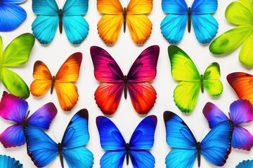 Colorful butterflies resting on a white surface, perfect for nature or spring-themed designs