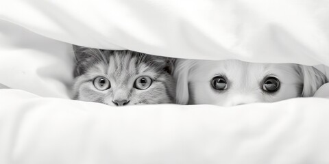 Two cats and a dog peeking out from under a blanket. Suitable for pet lovers