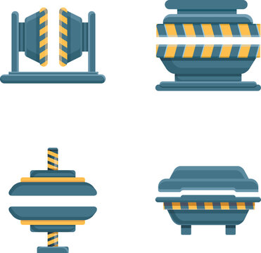 Automatic press icons set cartoon vector. Various automatic press form machine. Industry, metallurgy