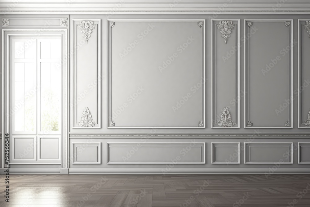 Poster minimalistic empty room with white walls and wood floors. suitable for interior design concepts
