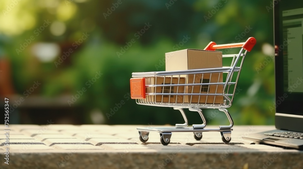 Aufkleber shopping cart placed on table next to laptop. suitable for e-commerce concepts