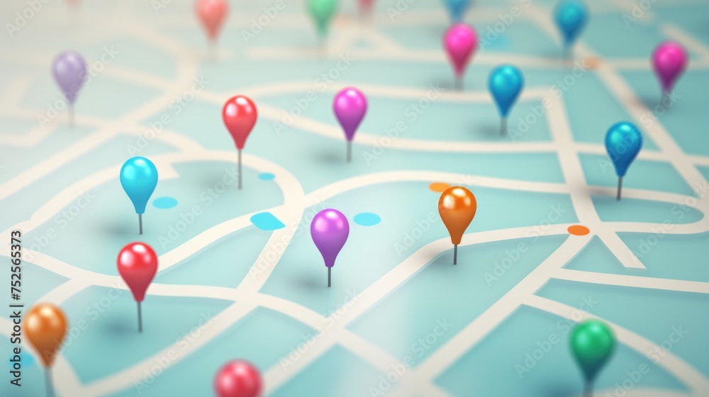 Poster A detailed map with numerous colorful pins. Ideal for travel and navigation concepts