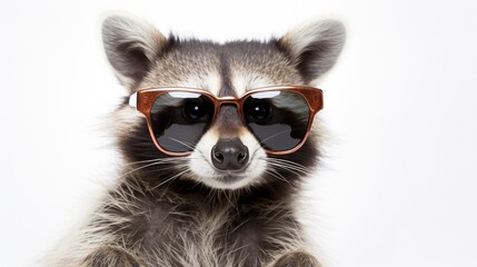 A raccoon wearing sunglasses on a white background. Perfect for summer and wildlife concepts