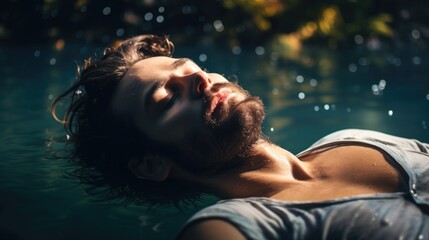A man peacefully laying in the water. Suitable for relaxation or meditation concept