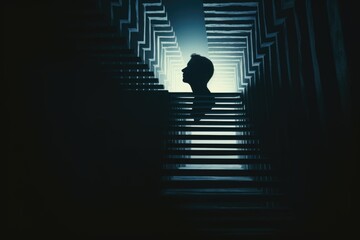 A man standing on a set of stairs in a dark room. Ideal for illustrating mystery or suspense themes