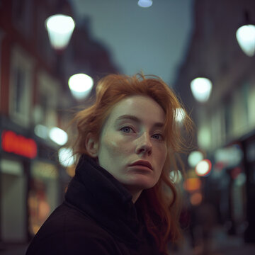 Portrait of a red haired woman in a city