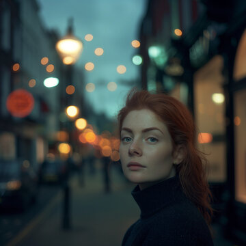 Portrait of a red haired woman in a city