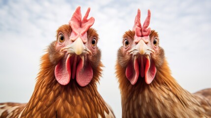 Two chickens with their mouths open and tongues hanging out. Perfect for farm or animal-related projects