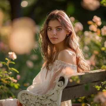 Portrait of a woman enjoying the sun in a garden