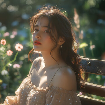 Portrait of a woman enjoying the sun in a garden