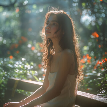 Portrait of a woman enjoying the sun in a garden