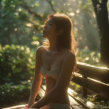 Portrait of a woman enjoying the sun in a garden