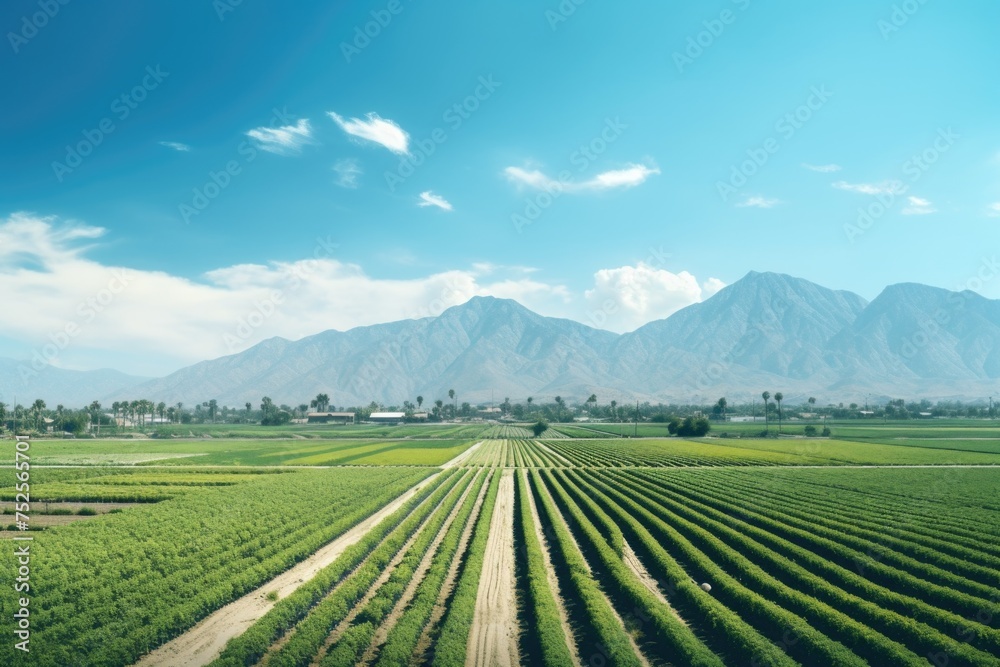Poster a scenic view of a crop field with majestic mountains in the background. ideal for agricultural and 